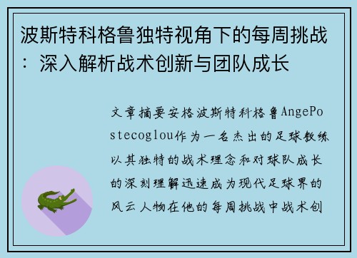 波斯特科格鲁独特视角下的每周挑战：深入解析战术创新与团队成长